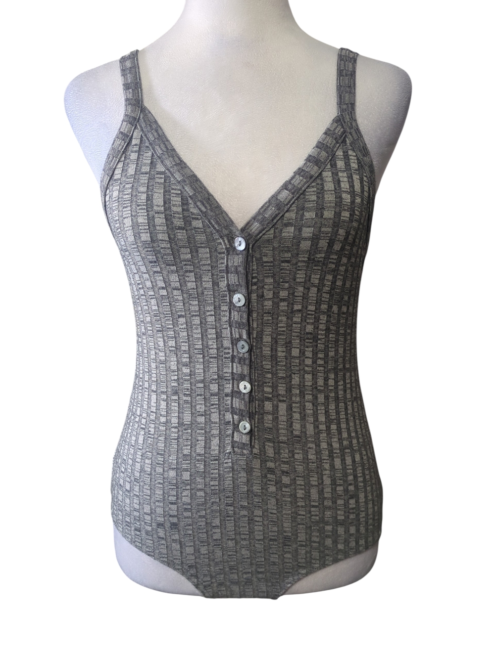 Ribbed Gray Button-Front Womens Bodysuit